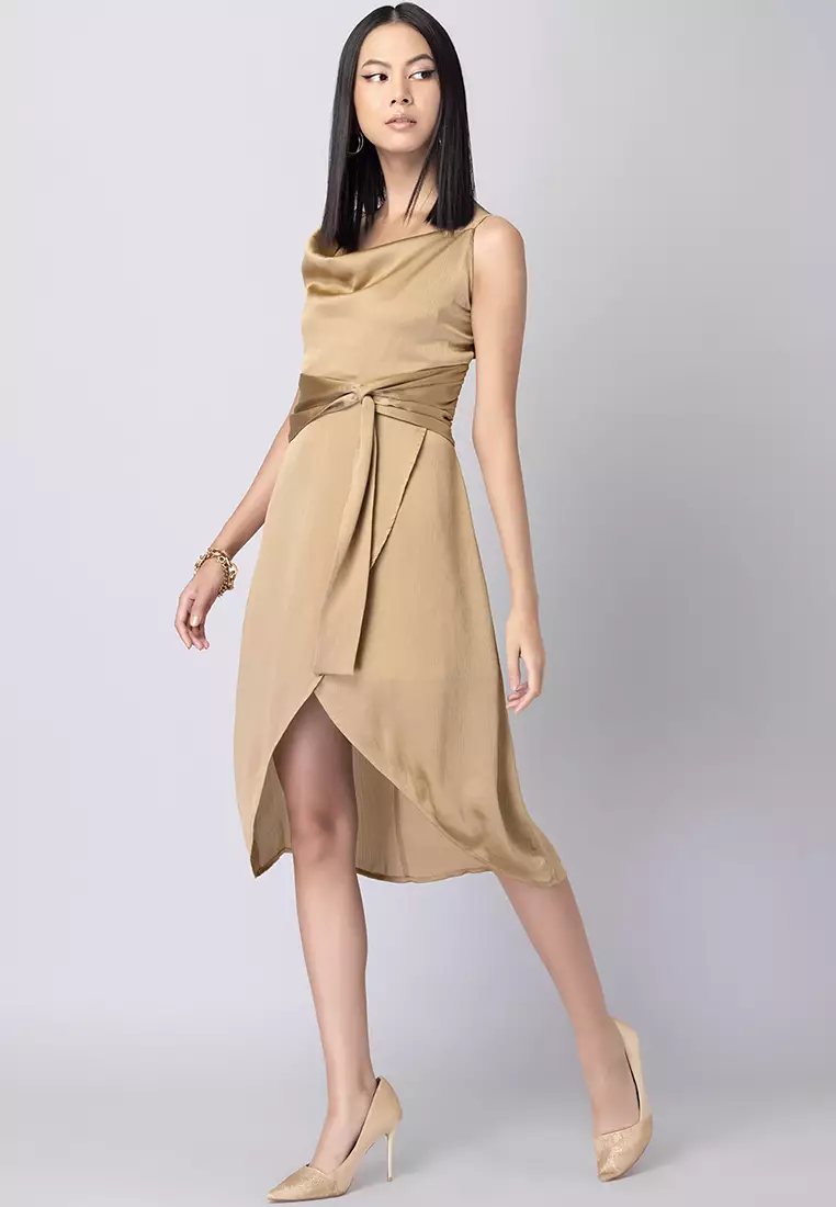Beige Cowl Neck Dress With Fabric Tie Up
