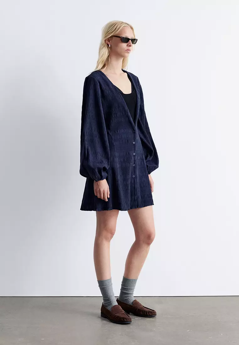 Smocked Balloon-Sleeved Mini Dress