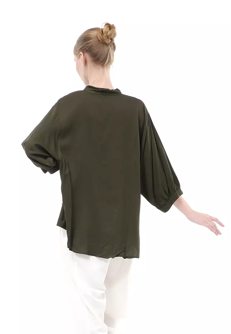 Ghita Kemeja Atasan Wanita Motif Polos Long Sleeve High Quality - Army