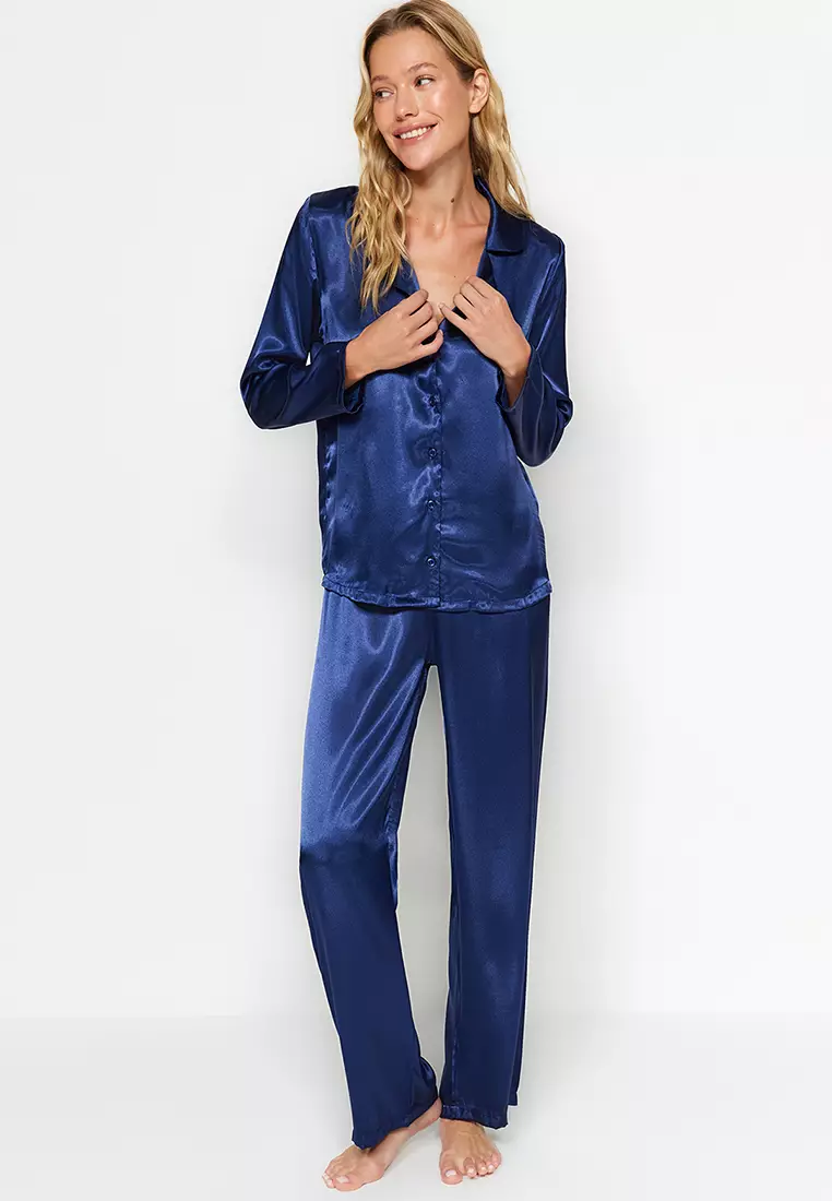 Navy Blue Satin Shirt-Pants Woven Pajamas Set