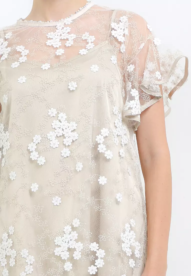 Embellished Ruffle Slv Emb Tulle Drs W Separate Inner