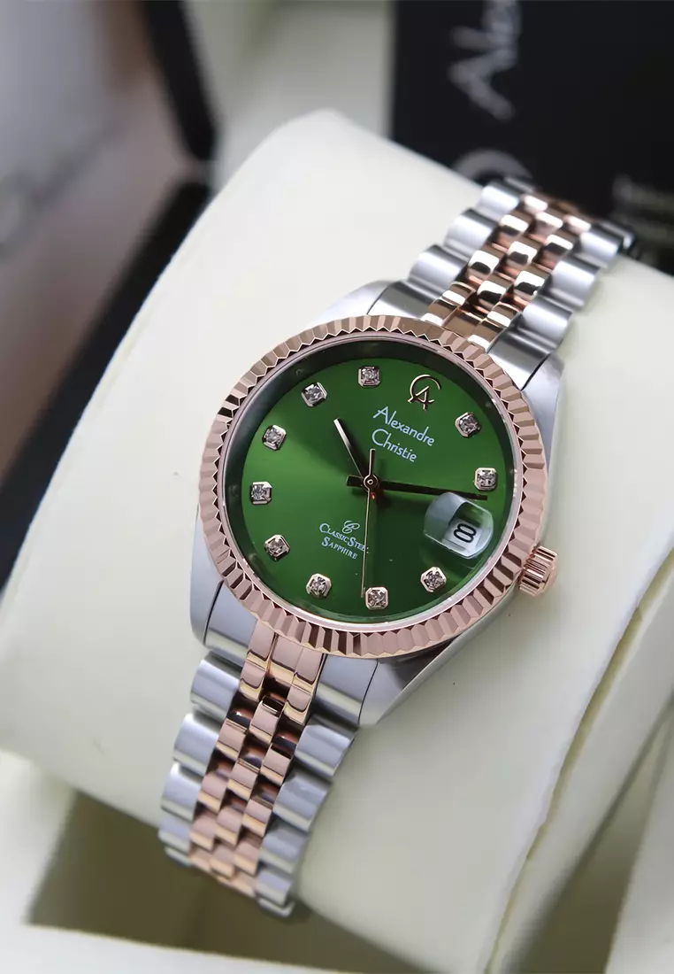 Alexandre Christie Sapphire Glass - Jam Tangan Wanita - Silver Green - Stainless Steel - 5013LDBTRGN