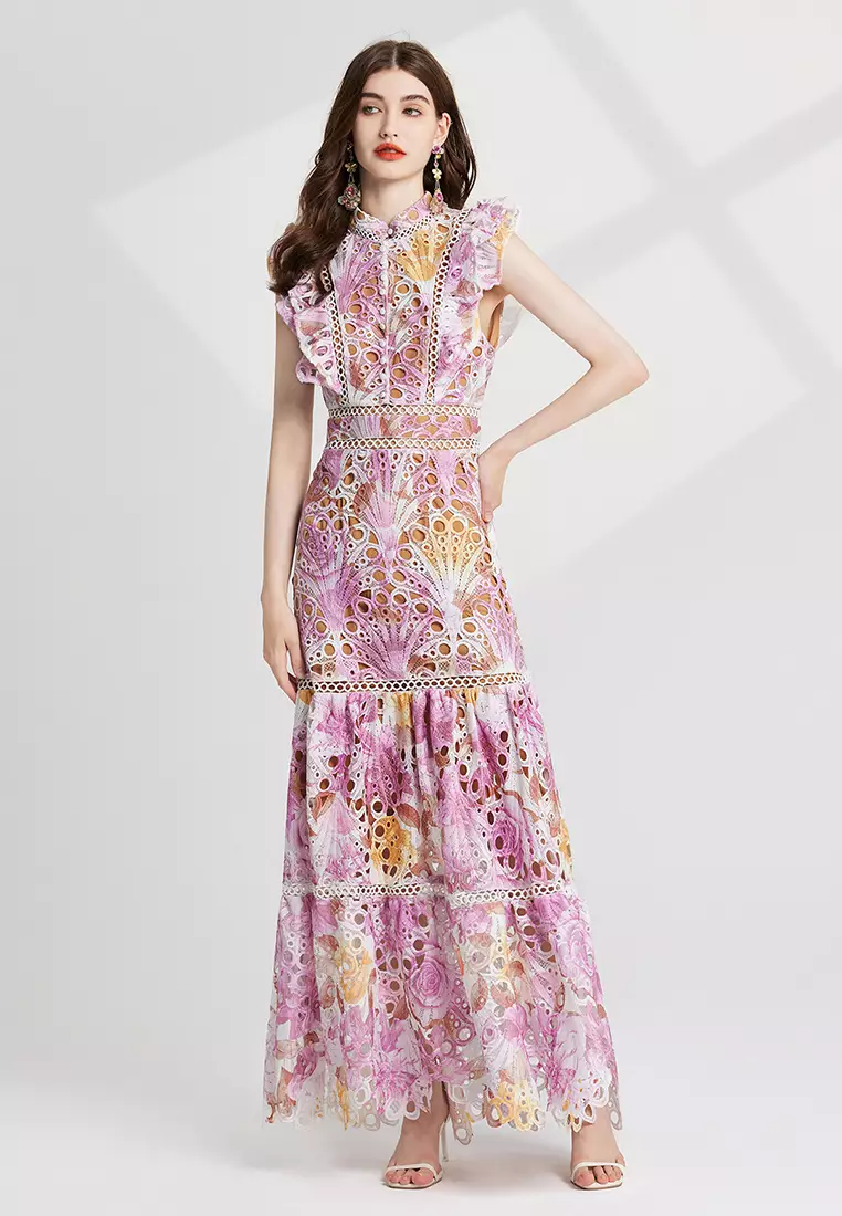 Colorful printed embroidered stand-up collar waist dress CA25070927PI