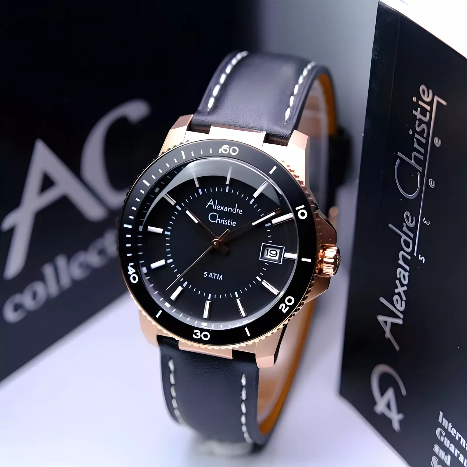 Alexandre Christie Sport Series - Jam Tangan Analog Pria - Rosegold Case - Black Leather Strap - 6141 MDLBRBA