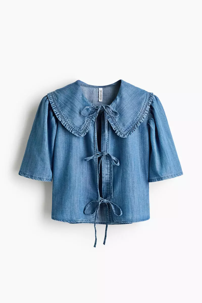 Tie-front denim blouse