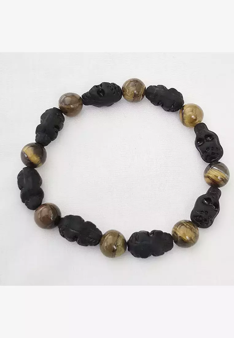Aksesoris Pria Skull Encarved Premium Tiger Eye Bracelet Black & Brown