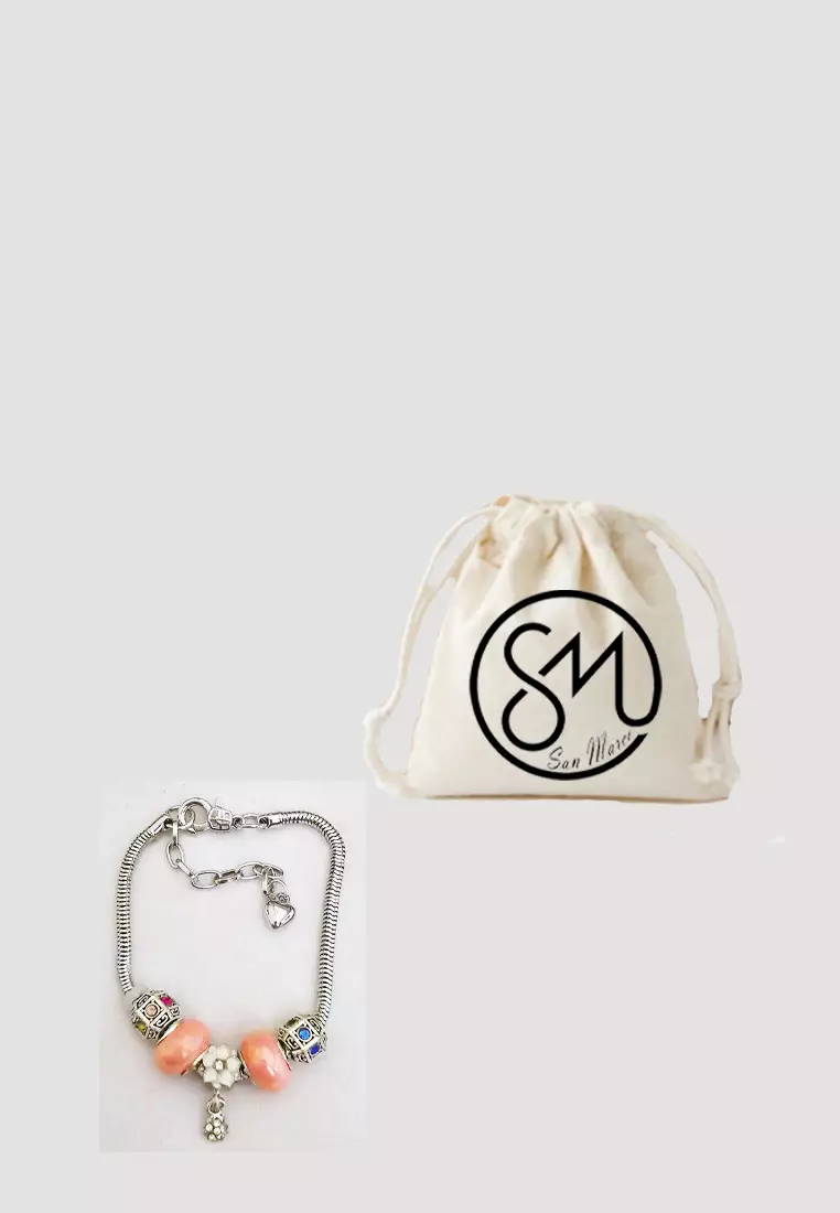 Accessories Wanita Diamante Cubic Pomora Charm Bracelet Gelang Wanita Silver & Pink