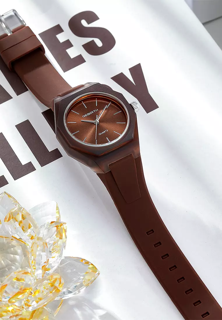 Jam Tangan Wanita Simple Analog Tali Silicone Anti Air Jam Tangan Cewek brown