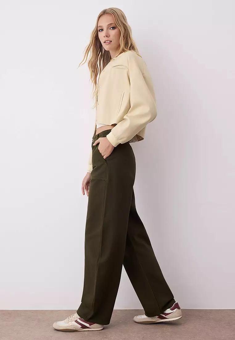 Khaki Barrel Pattern 100% Cotton Gabardine Trousers Twoaw26Pl00084