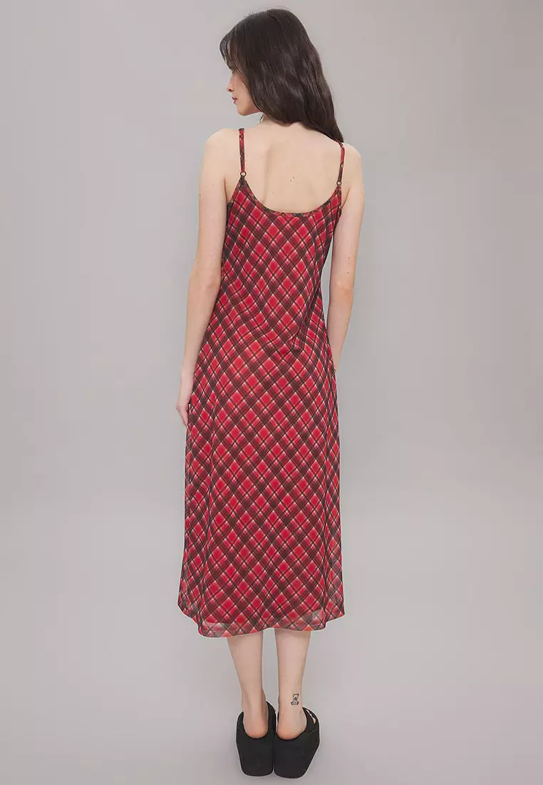 Red Tie Detail Plaid Tulle Maxi Stretch Knit Dress Twoss25El00468
