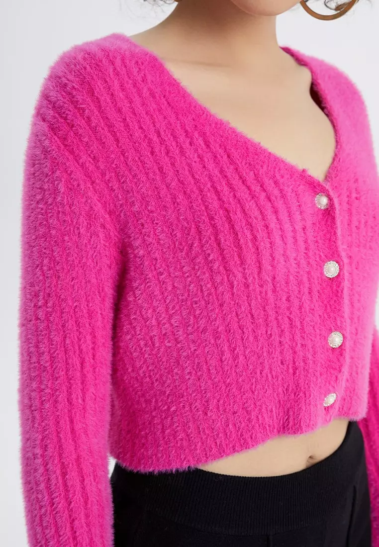 Urban Revivo boucle knit cardigan with pearl buttons in pink