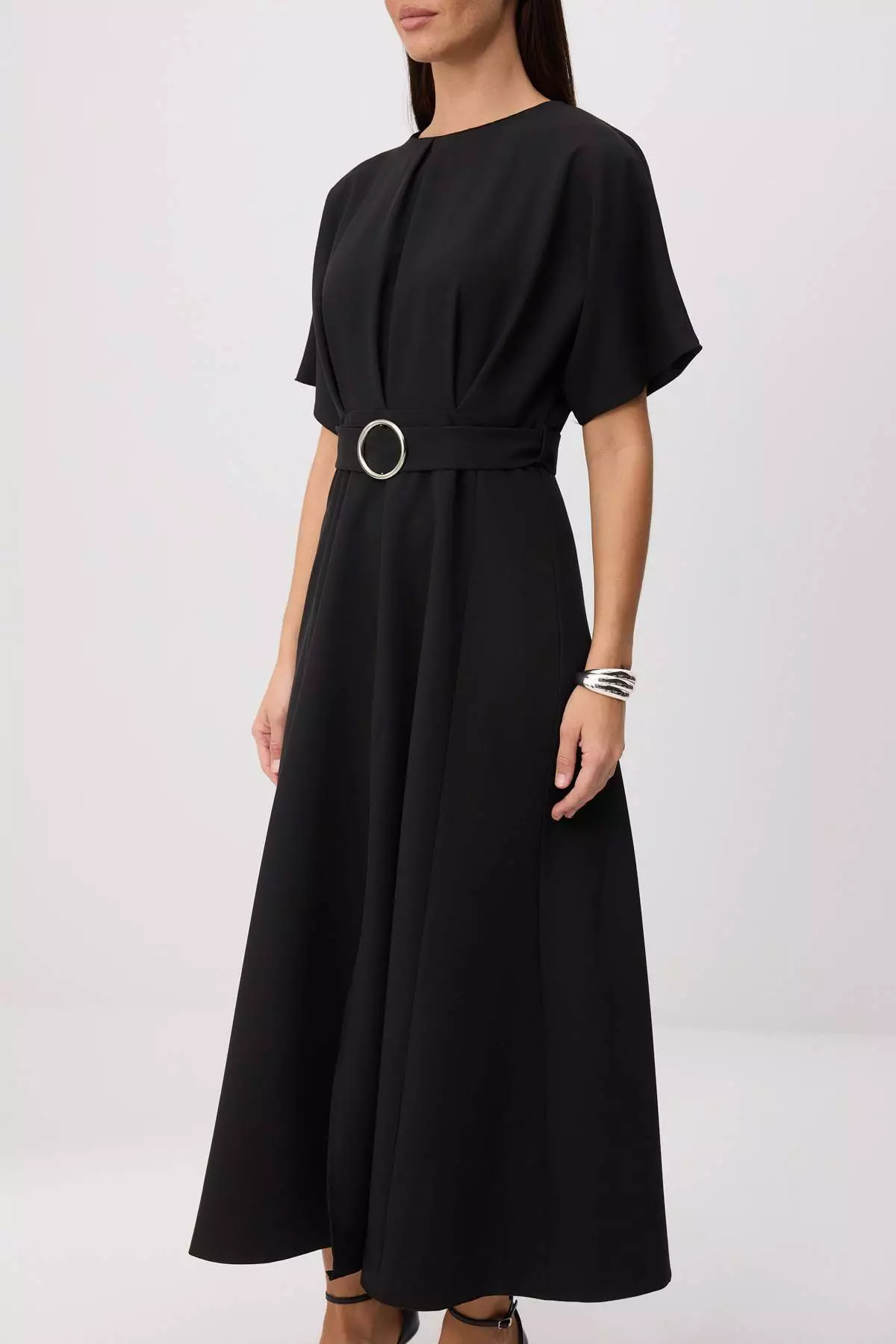 Black Belt Piece Plain Belt Piece Midi Woven Dress Twoss25El00804