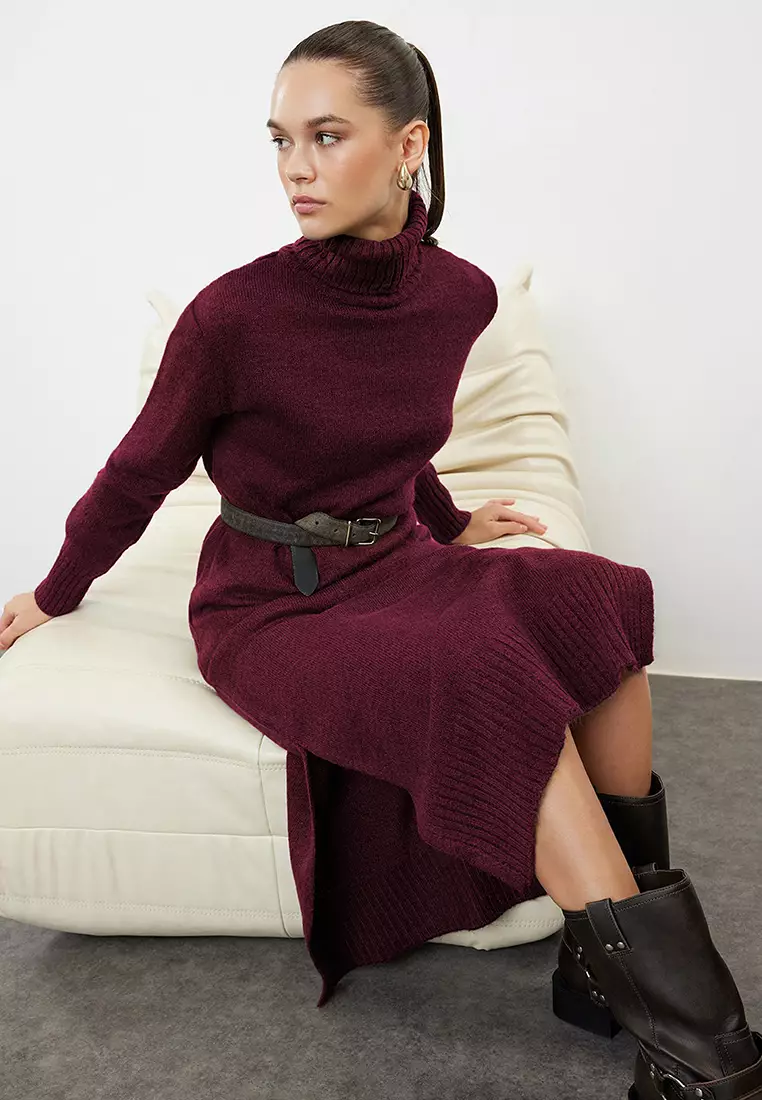 Burgundy Midi Wide Fit Soft Texture Knitwear Dress