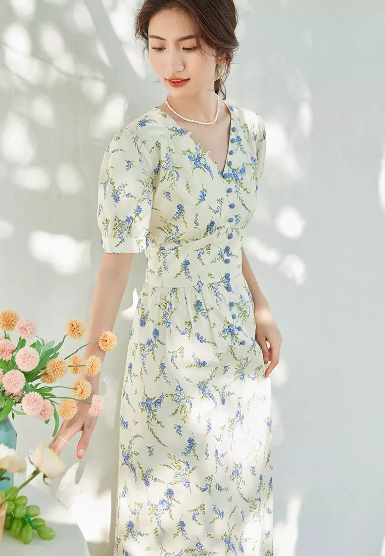 Summer Sping Vintage Floral V-Neck Midi Dress