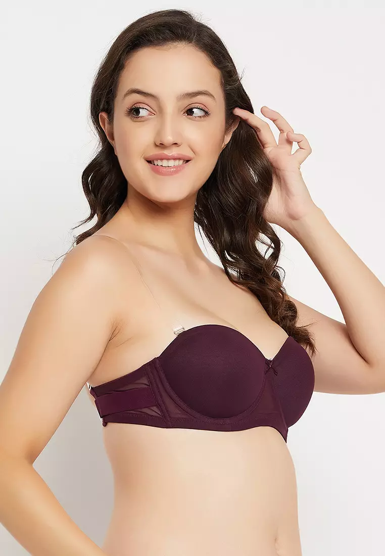 Clovia Invisi Padded Underwired Full Cup Strapless Balconette Bra in Wine Colour with Transparent Straps and Band