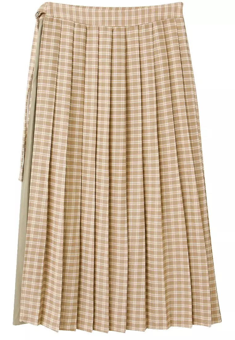 日系格紋收腰綁帶撞色拼接百褶裙《CA2702》