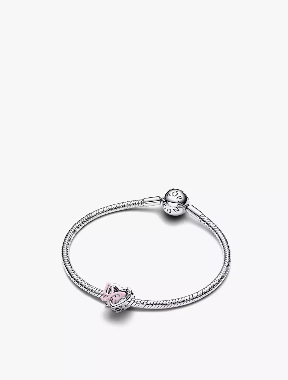 Heart with butterfly sterling silver charm with glittery pink enamel