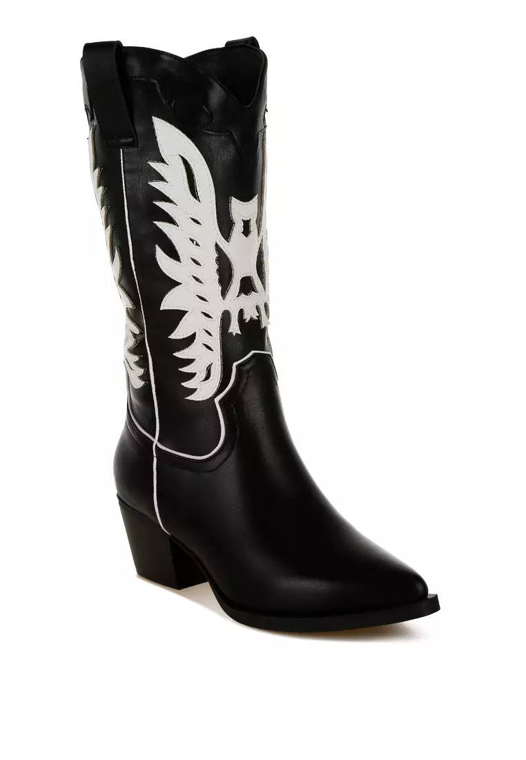 Winged Patchwork Cowboy Boots in Black