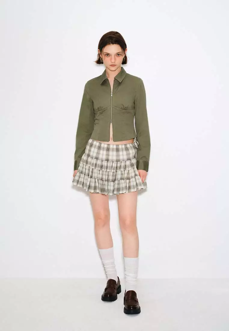 Drawstring Tie Side Plaid Layered Ruffle Cotton Mini Skirt