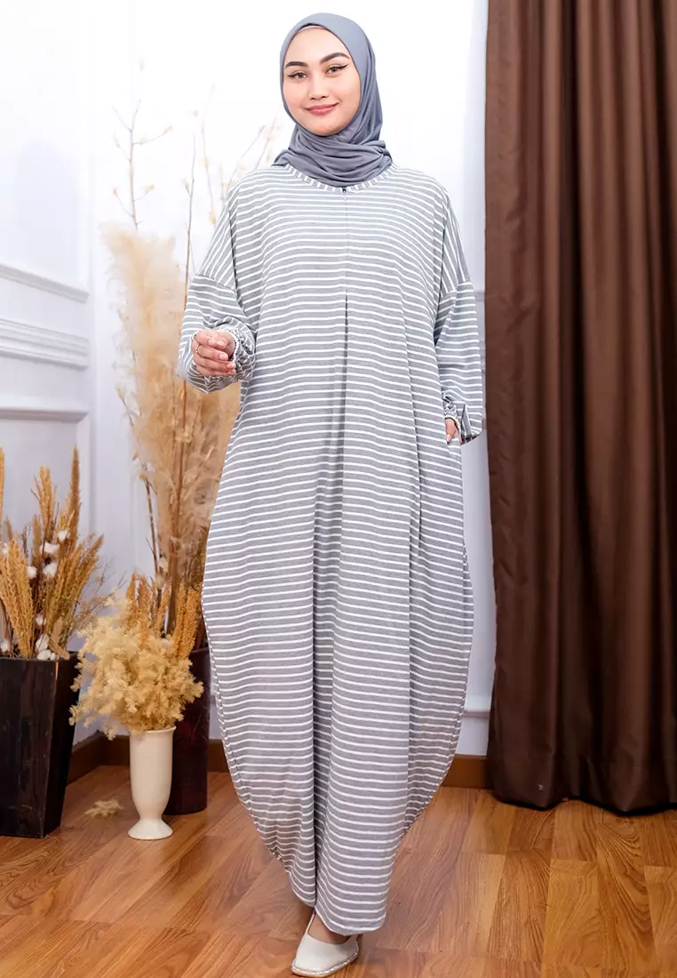 JV Hasanah New Abaya Shireen Big Stripes Dress Silver | Gamis Abaya Oversize Busui Lengan Batwing Full Karet