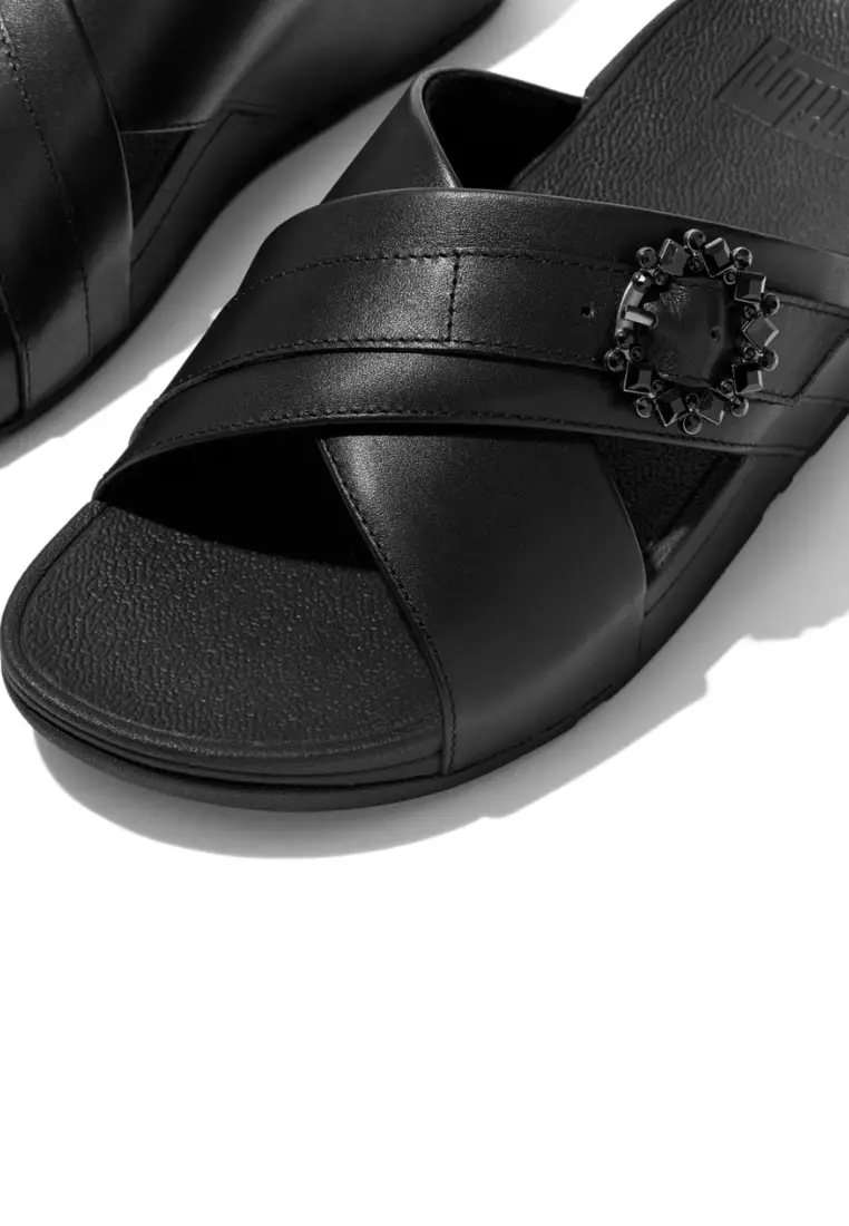 FitFlop LULU Women's Crystal Buckle Cross Slide Sandals - Black (FC5-090)