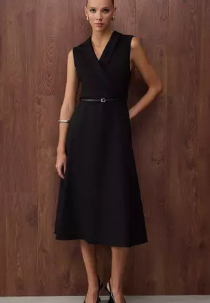 princess polly baby blue dress Elora Ribbed Midi Dress in Noir Black main image 1