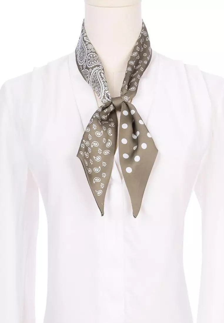 Aksesoris Wanita Paisley & Polka Dotz Twilly Skinny Multi purpose Scarf Wanita Beige Khaki & White