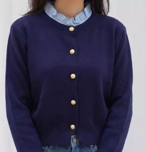Adela Ruffle Trim Cardigan in Navy