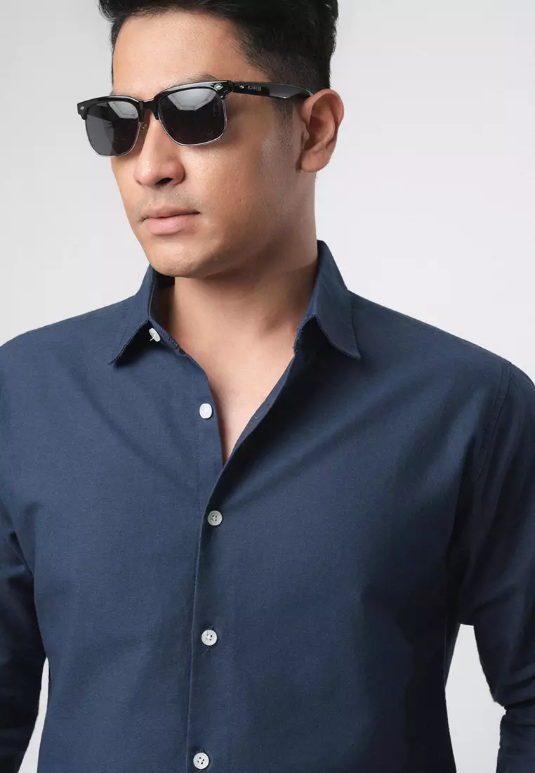 Linen Blend Slim Fit Shirt - Navy LS