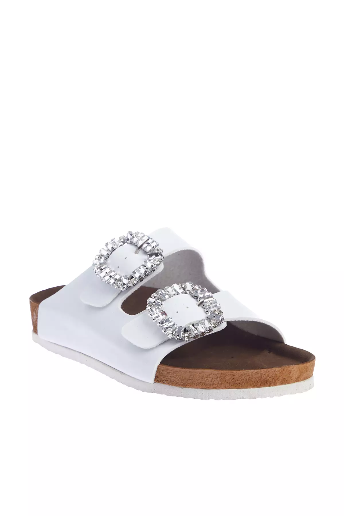 White Stone Accessory Detailed Double Buckle Women's Slippers Takss24Te00002
