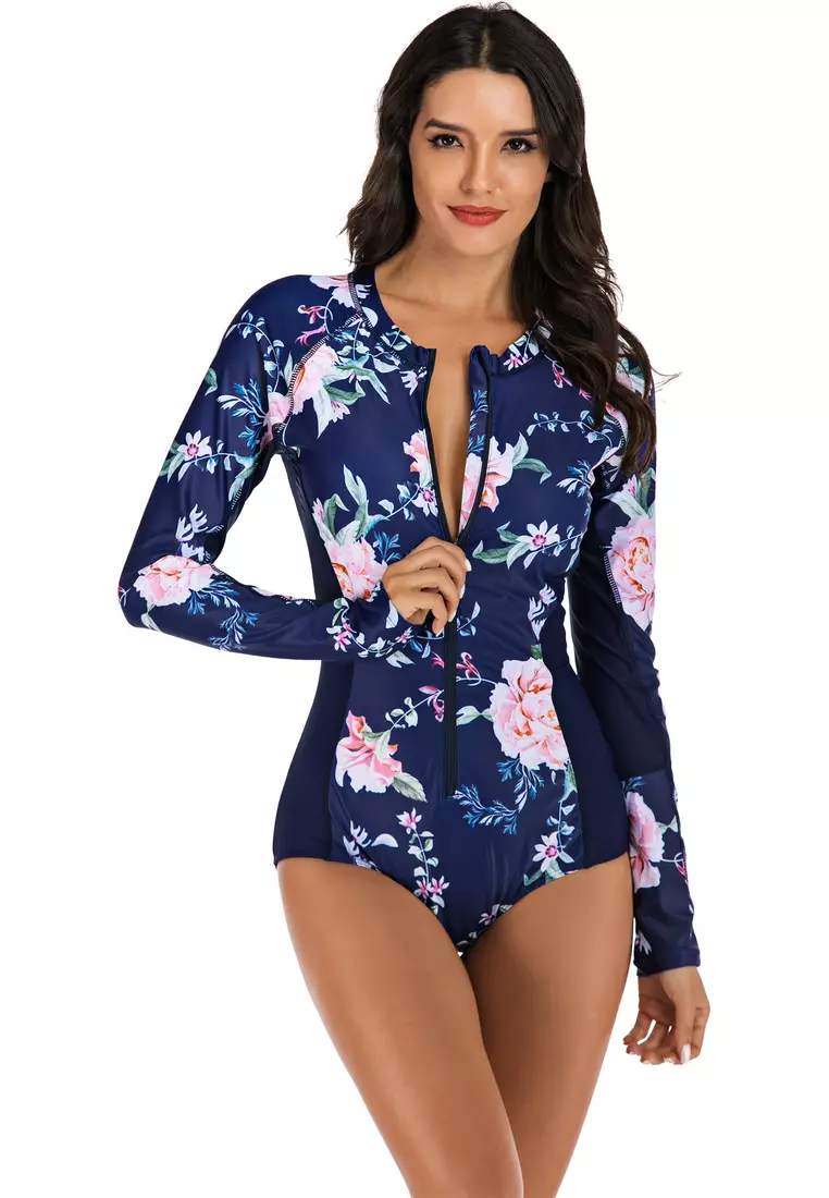 Surf Print Long Sleeve One Piece Swimsuit