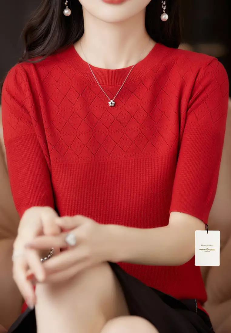 Rhombus Hollow Out Pattern Short Sleeve Knit Top JW QT-291