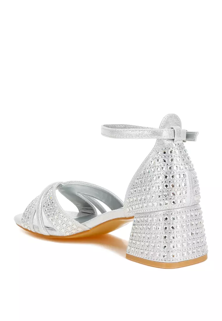 Low Block Heel Rhinestone Sandals in Silver