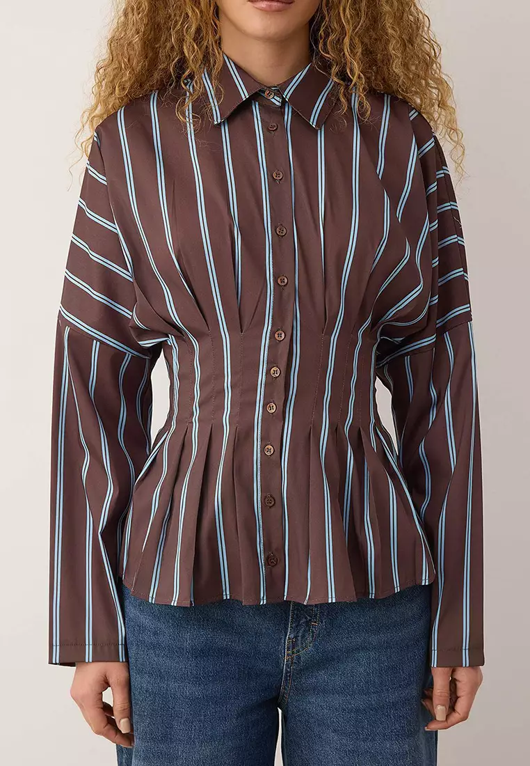 Brown-Multicolored Striped Lycra Fitted Waist Shirt Twoaw26Go113