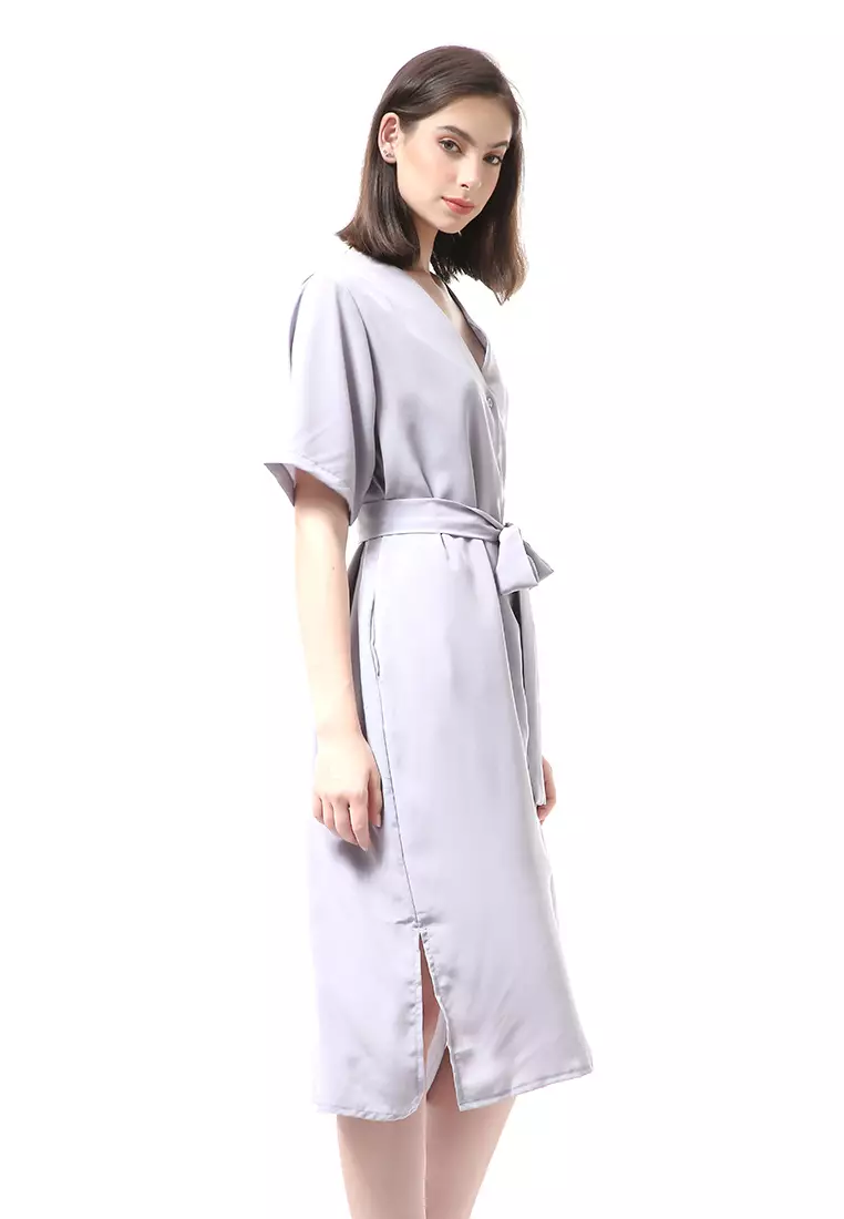 Rachel Midi Dress Wanita Lengan Pendek Full Kancing with Strap Pinggang Material Crepe ORIGINAL - Dusty Lilac