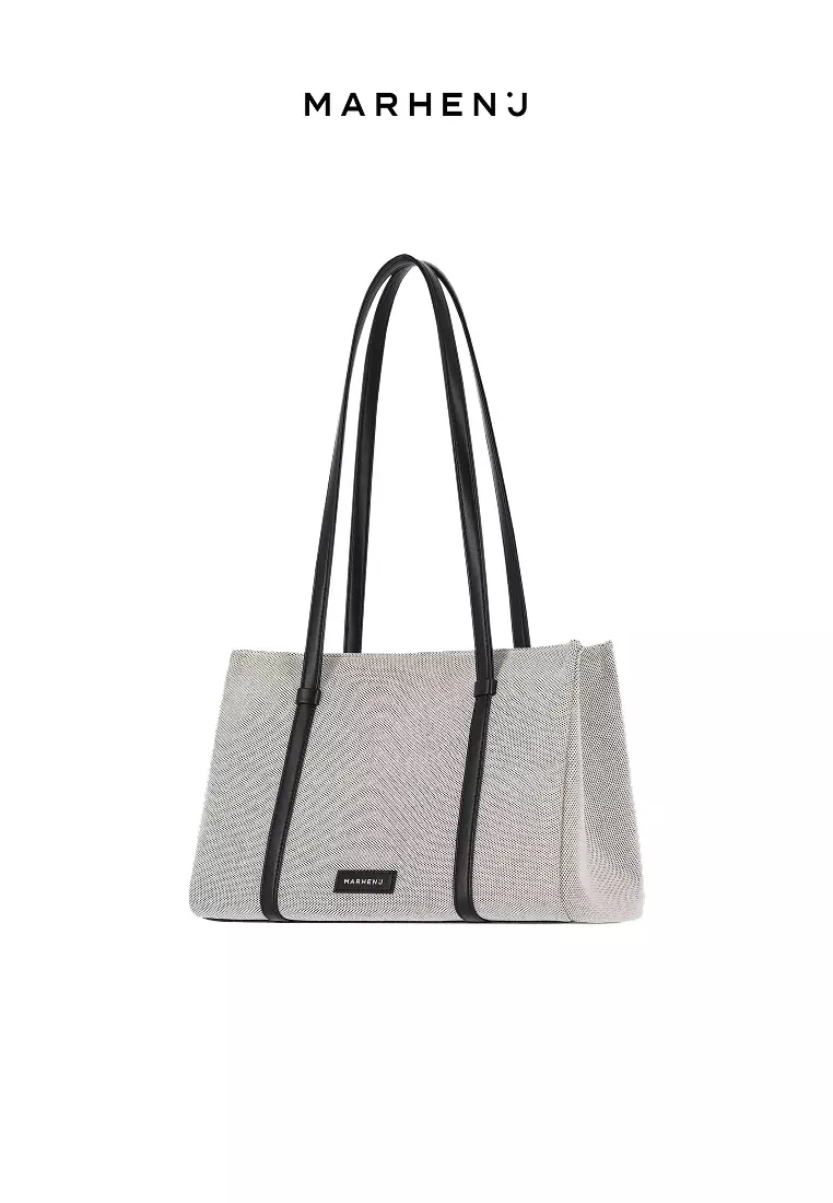 MINA V Canvas Vegan Leather Shoulder Bag Black