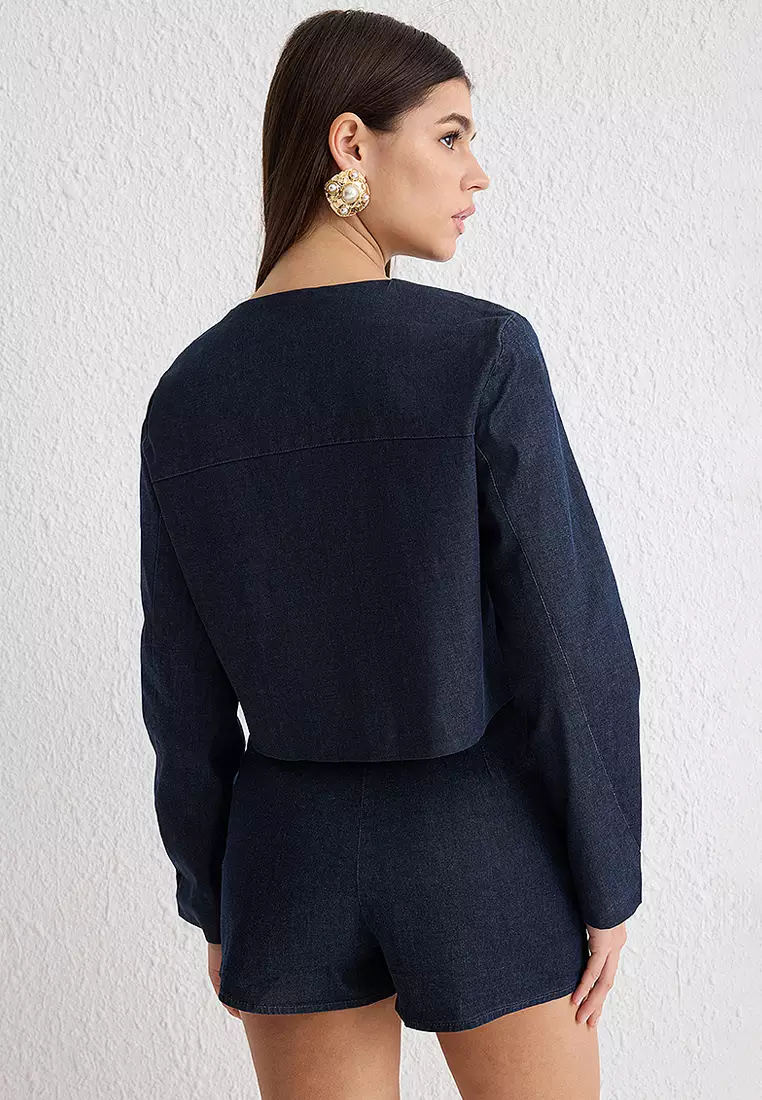 Button Detailed Denim Crop Jacket