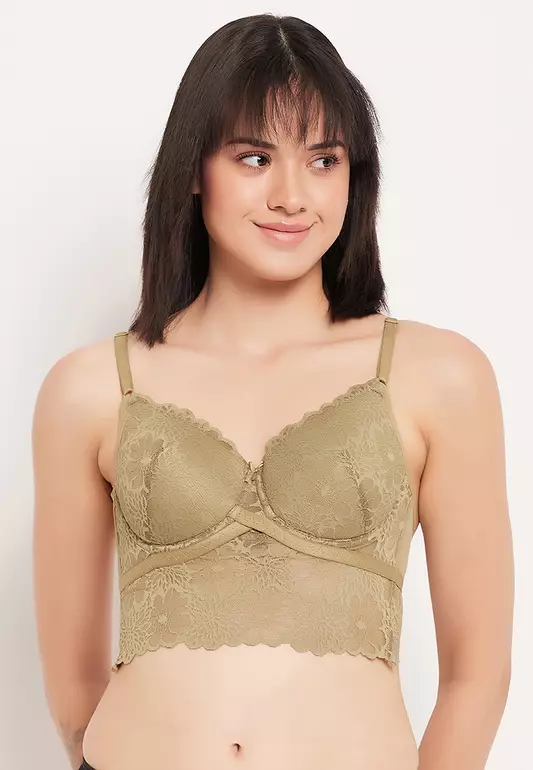 Clovia Padded Underwired Full Cup Longline Bralette in Olive Green - Lace
