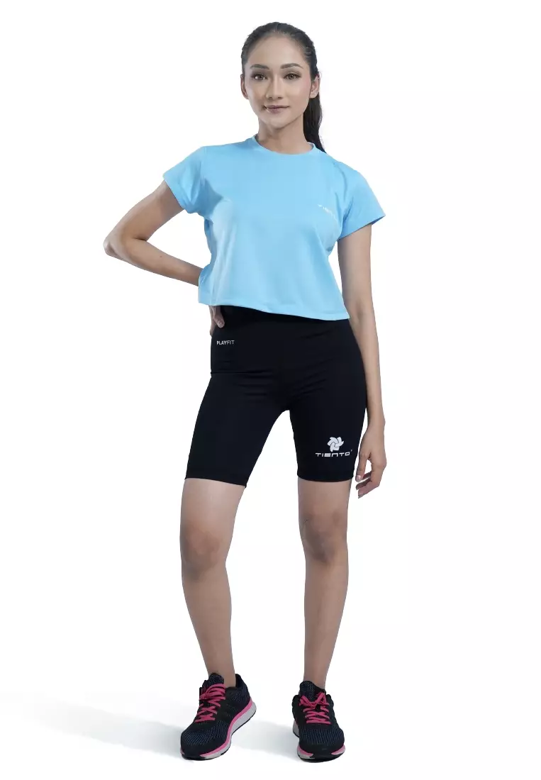 Tiento Baju Olahraga Wanita Crop Top Shirt Kaos Lengan Pendek Running Gym Lari Yoga Pound Fit