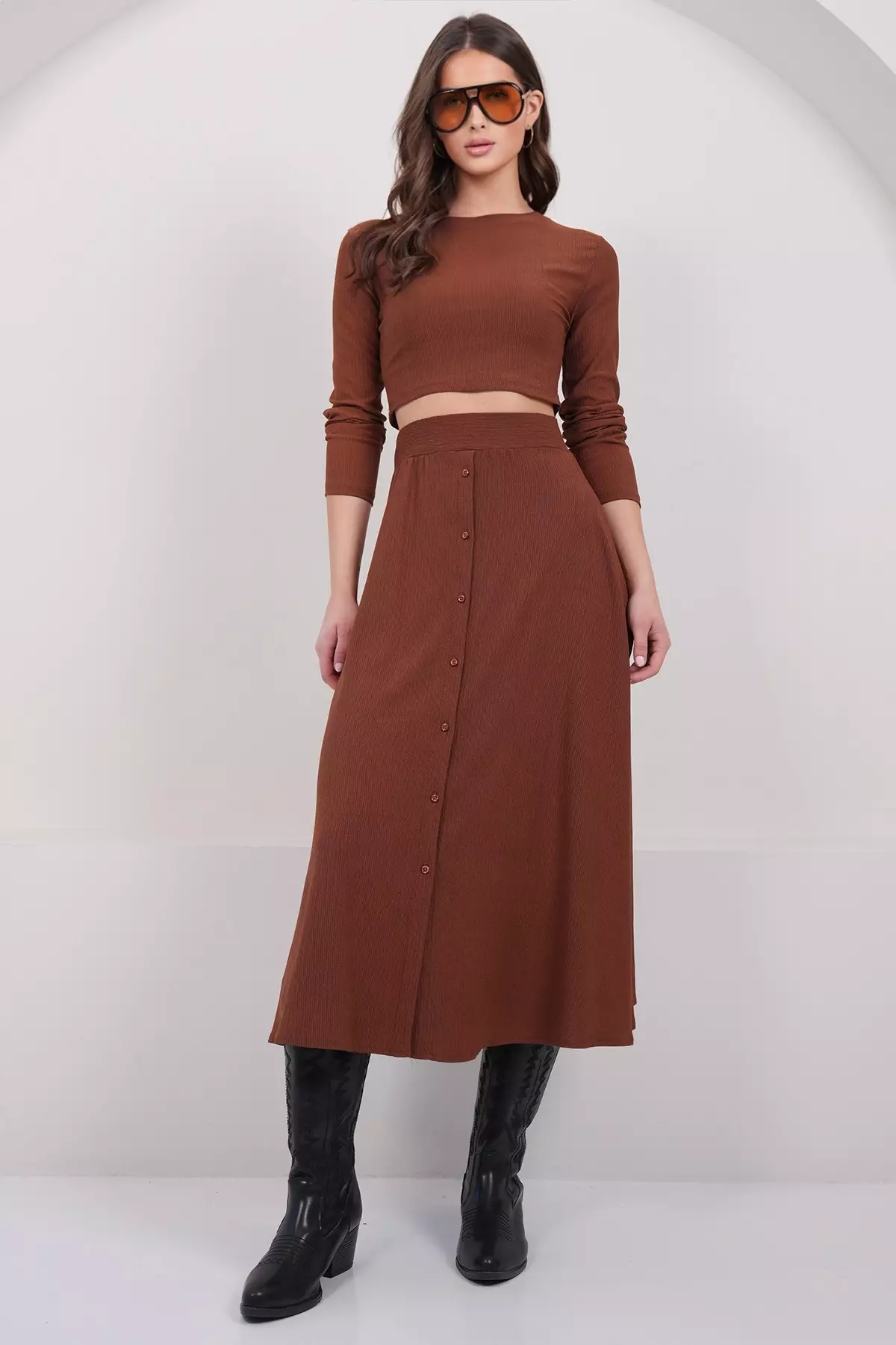 Women'S Bitter Brown Crew Neck Cropped Blouse And Maxi Skirt Set Alc-X15015