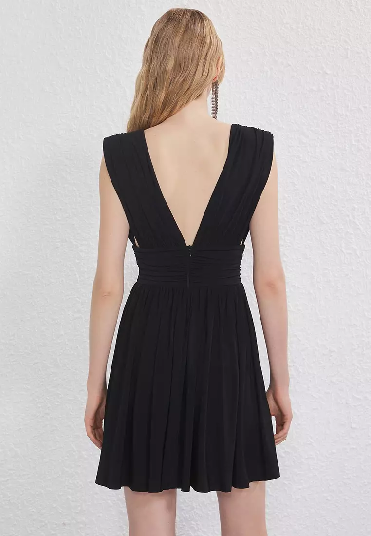 Black Waist Open Knitted Mini Evening Night Graduation Dress TPRSS25EL00291