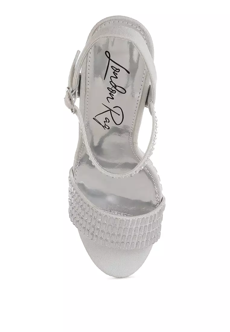 Sepatu hak tinggi blok berhias berlian imitasi berwarna perak