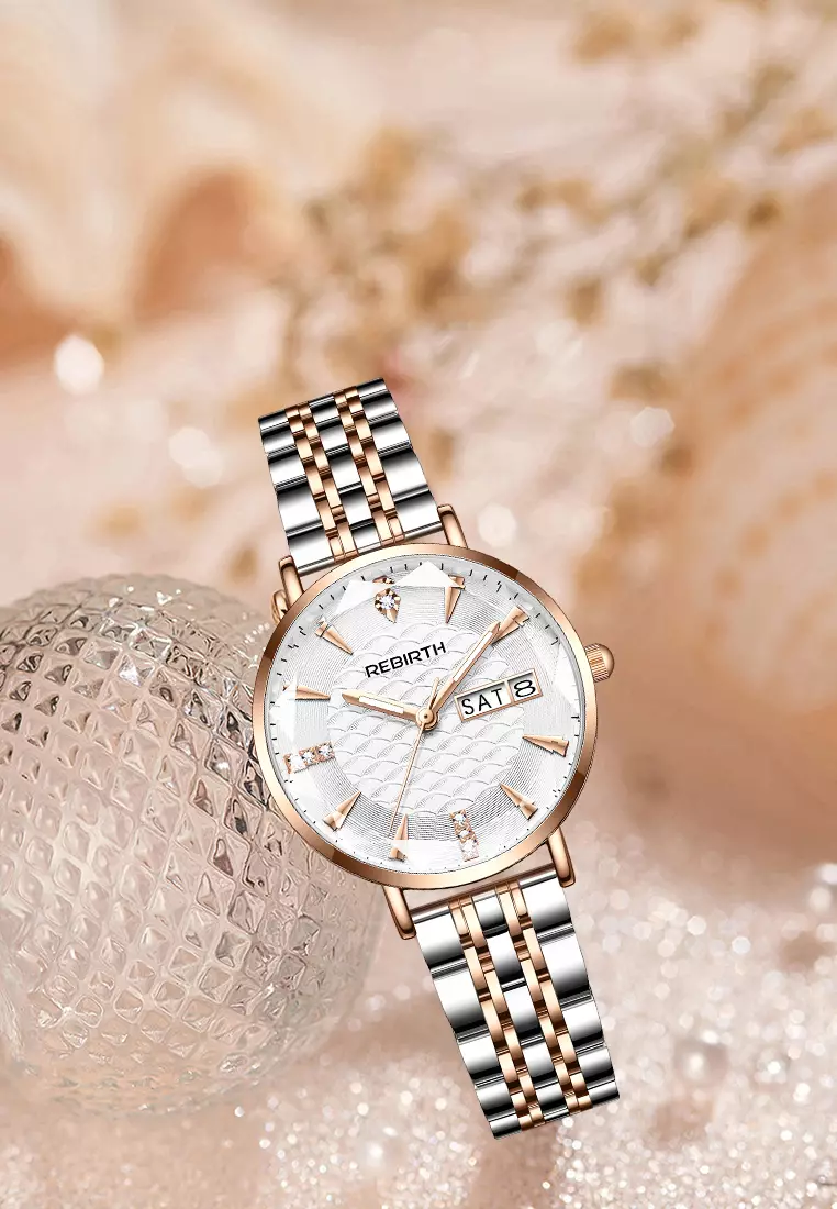 Jam Tangan Wanita Original Anti Air Tali Stainless Steel Jam Kuarsa Santai Mewah Jam Tangan Cewek rosewhite