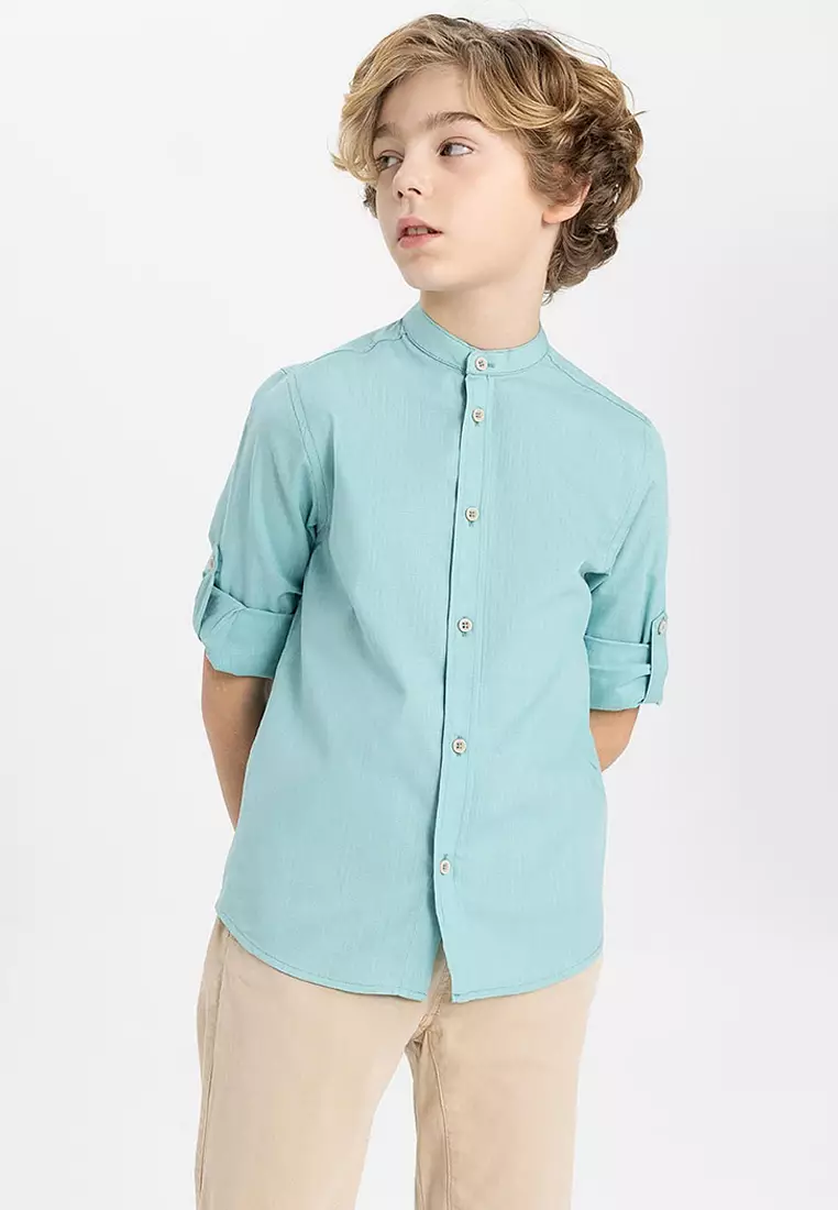 Stand Collar Linen Look Basic Long Sleeve Shirt