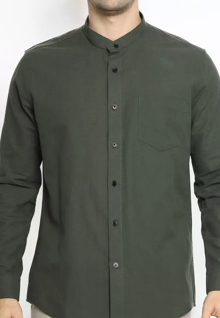 MAGINOT Kemeja Pria KOKO Basic Polos Lengan Panjang BOTTLE GREEN