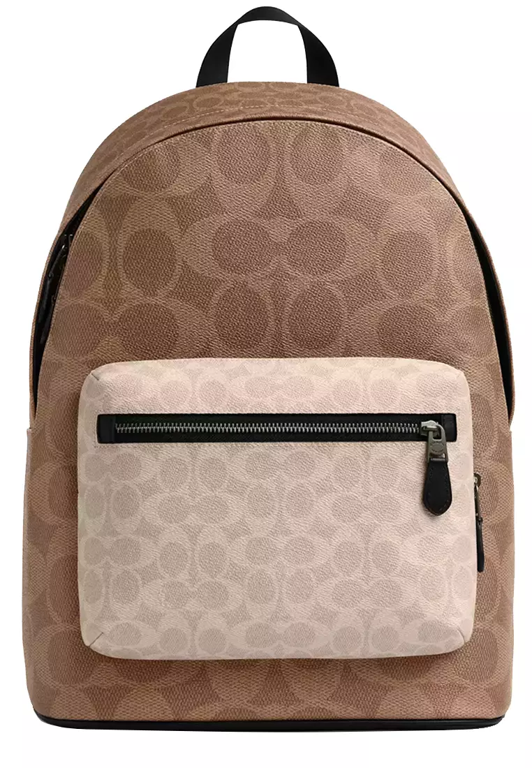 West Backpack Bag In Blocked Signature Canvas in Sand/ Tan CAB59