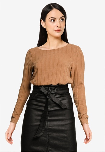 ONLY brown Augusta Long Sleeves Slit Top 82698AA4A4E7FEGS_1