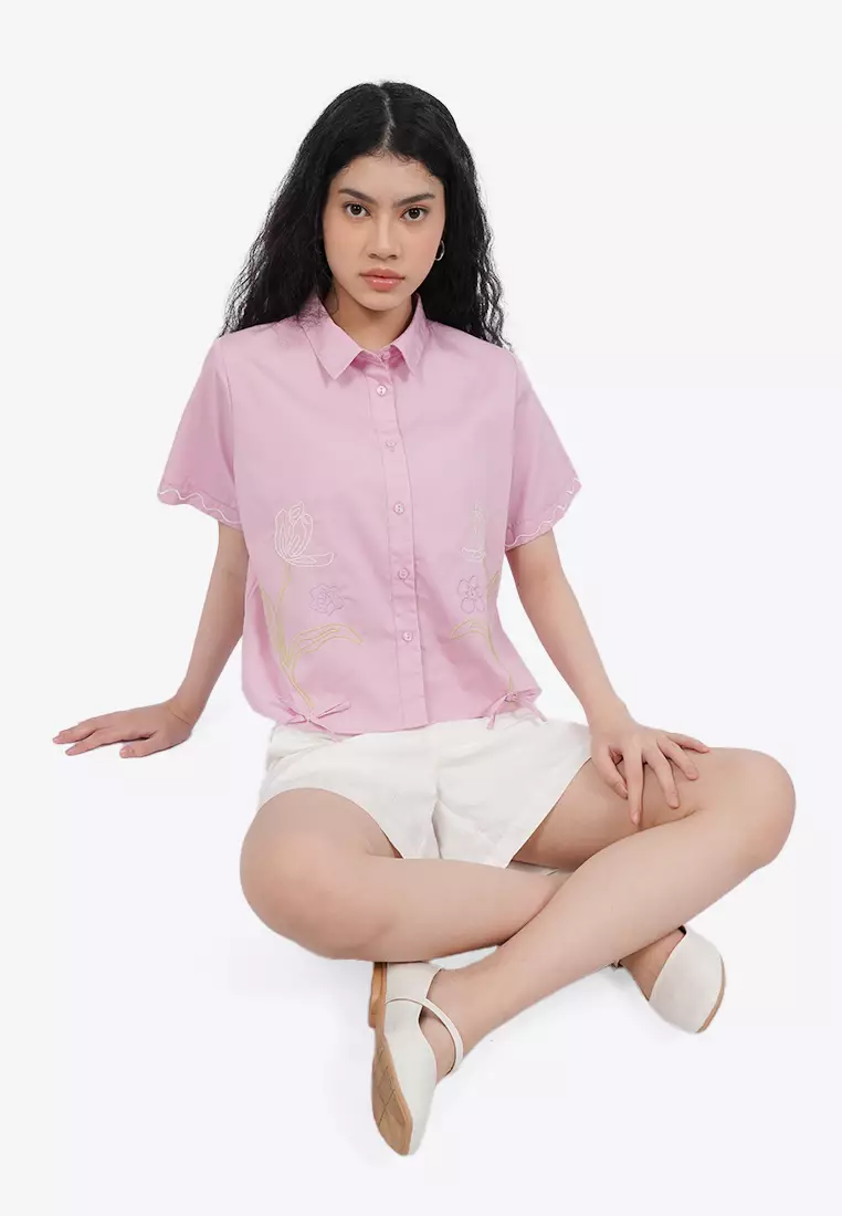Embroidered Bow Short Sleeve Shirt