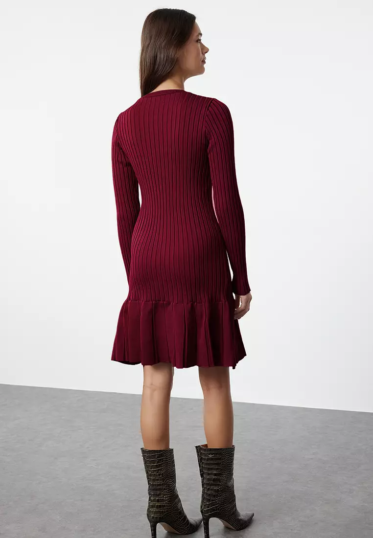 Burgundy Mini Pleated Knit Dress