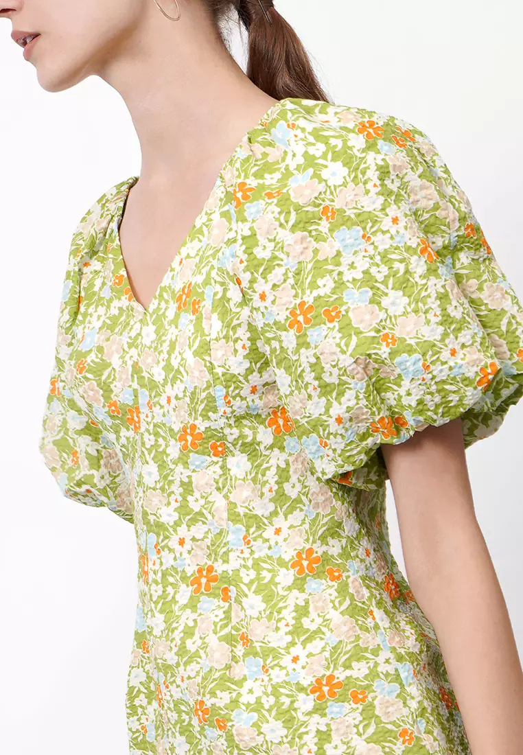 Bubble Sleeves Floral Midi Dress